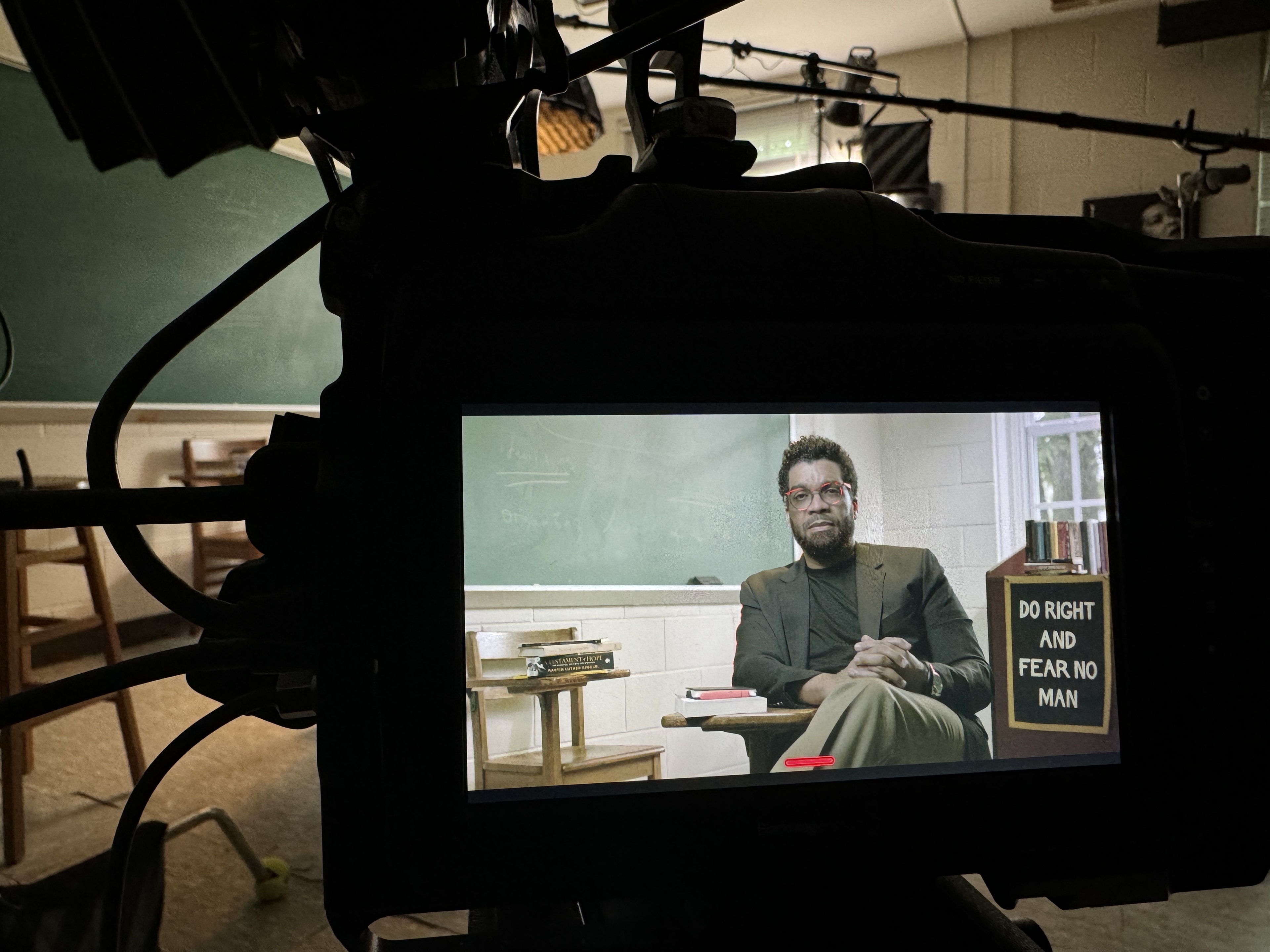 On-set interview with subject in classroom setting